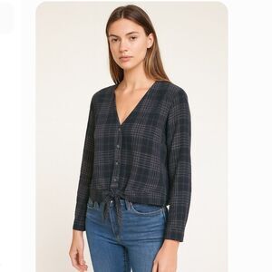 Bella Dahl Black Plaid Tie Front Cropped Button Up Shirt Size Small Long Sleeve